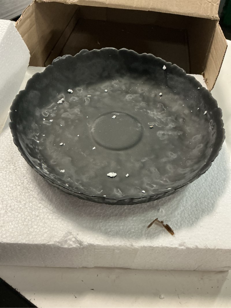 Condition photo showing Good Condition for fruit bowl for kitchen decor counter, 10.4‘’large decorative bowl, modern display key bowls, high foot serving blows with irregular edge design, high-temperature fired thickened glass bowl, black