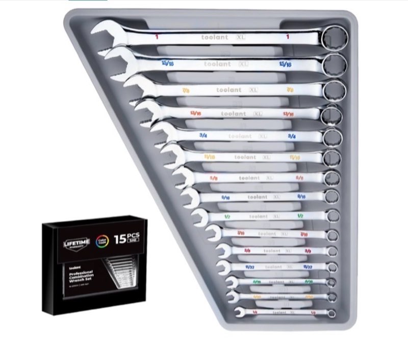 toolant Max Grip 15pcs Professional SAE Combination Wrench Set with Long Pattern Offset Heads Anti-Slip Teeth & Color-Coded Markings for Machinist, Auto, maintenance, DIYer