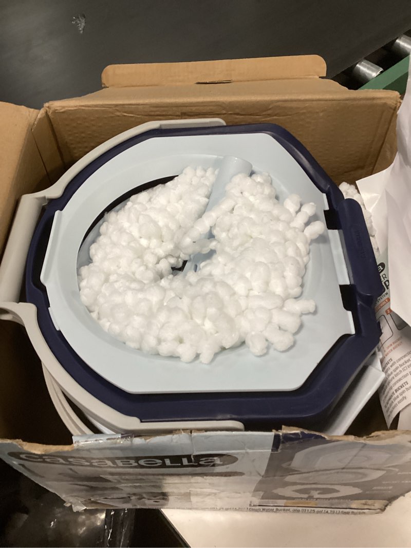 Condition photo showing Good Condition for Casabella Spin Mop System with Extra Mop Head Refill - Two-Bucket Design with Splash Guard Built-in Measuring Cup and Scraper Tool with Easy Wring Pedal Spinner, 1.25-Gallon, Blue