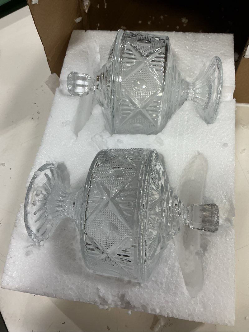 Condition photo showing Good Condition for frcctre 2 pack glass candy dish with lid, 15 oz crystal candy bowl cookie jar decorative apothecary jar for party, candies buffet, wedding, christmas, home