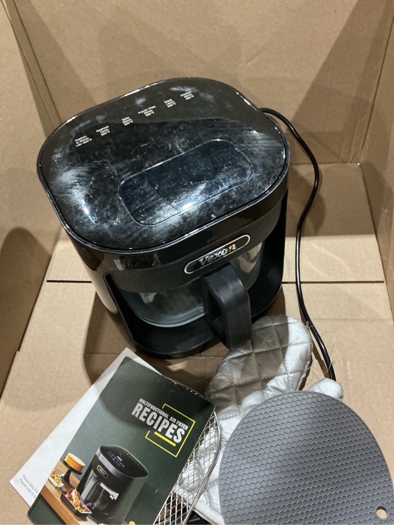 Condition photo showing As Is for 4.5qt large glass air fryer – see-through glass window, non toxic, 360° hot air and auto shut-off for crispy food, temperature control dishwasher safe