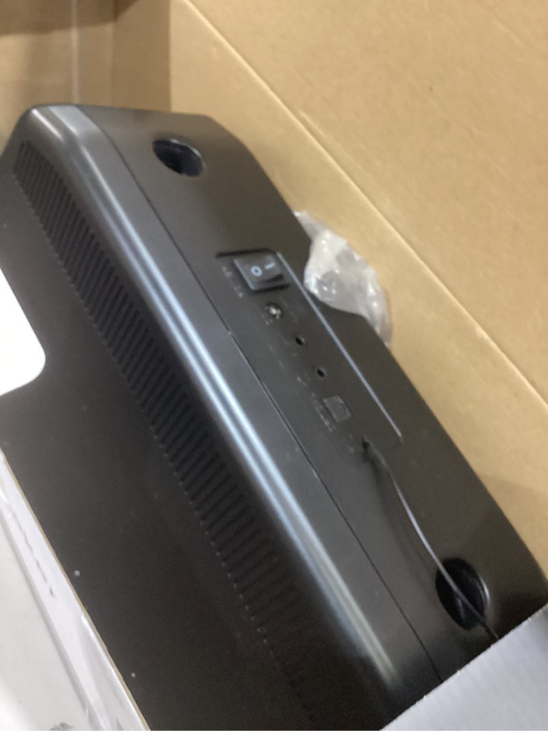 Condition photo showing As Is for aiwa exos home speaker, premium 30w rms sound system with cd player, bluetooth connectivity, fm radio, optical digital input, dual 1” tweeters + dual 2” bass units, ir remote control