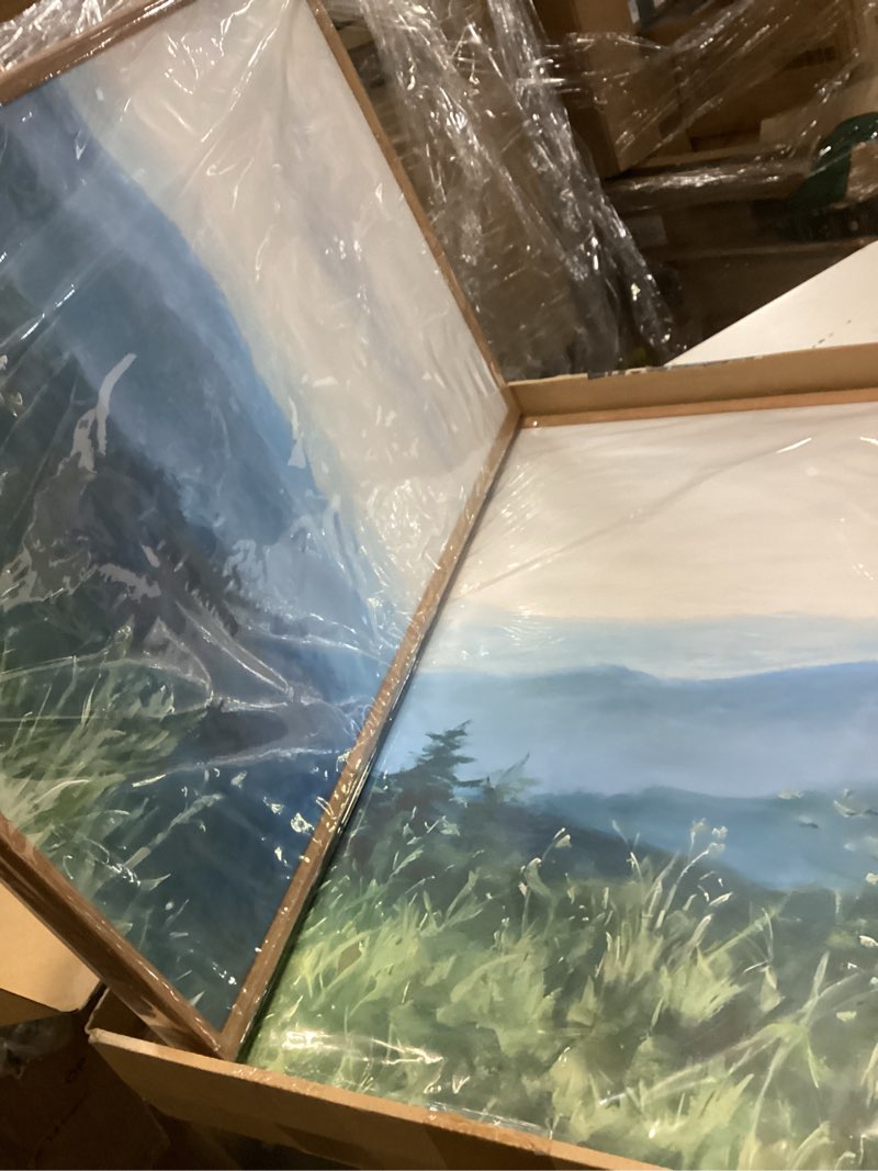 Condition photo showing New/Like New for CHDITB Boho Blue Mountain Framed Wall Art Paintings(16"x24"), 3 Panels Blue White Sky Ridge Virginia Landscape Watercolor Canvas Artwork Printings, Large Modern Cloud Trees Nature Posters for Bedroom Living Room 16"x24" Blue Mountain (Brown Frame)