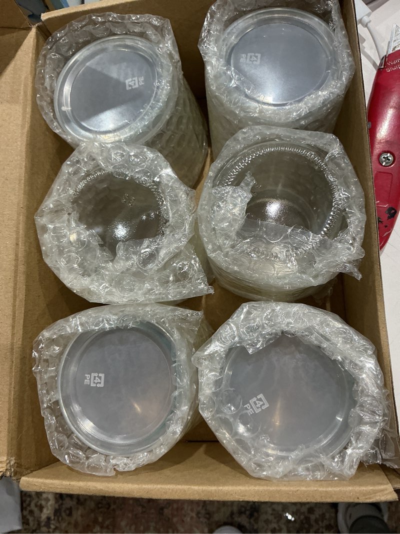 Condition photo showing New/Like New for 6 pcs yogurt pudding jars bottles with plastic lids ideal for jam, honey, wedding favors, shower favors, baby foods (7 oz (200ml)) 7 fl oz