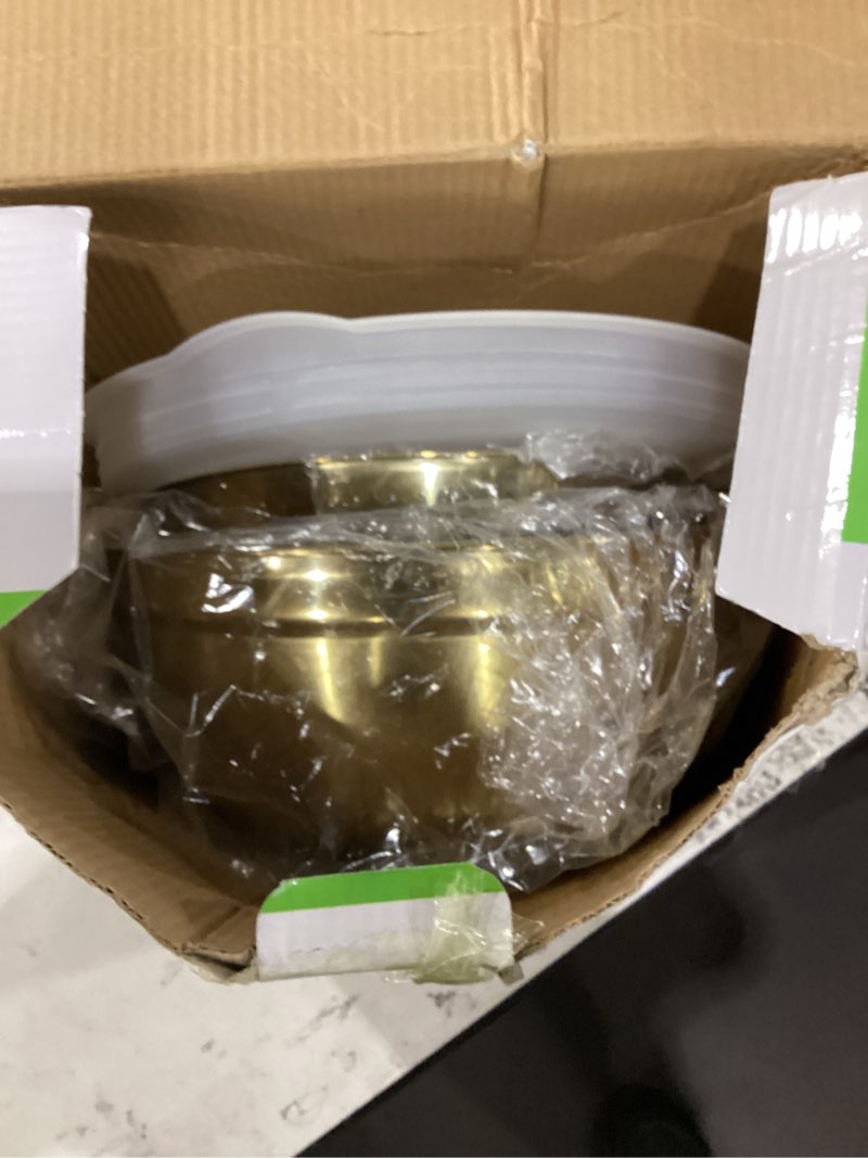 Condition photo showing Good Condition for 5 pcs golden mixing bowls, stainless steel salad bowls with airtight lids, mirror finish nested mixing bowl set with mesh strainer, 4 bowl sizes for baking, meal prep, food serving