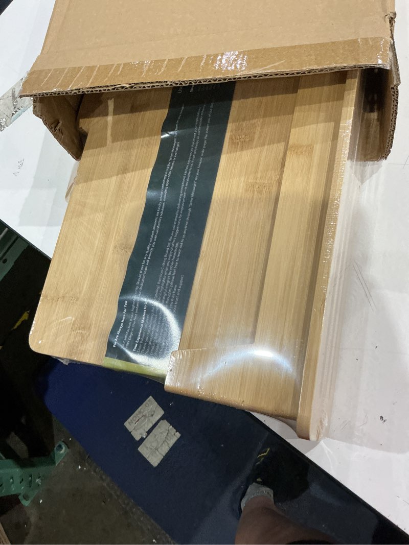 Condition photo showing New/Like New for bamboo cutting boards for kitchen set of 3, large 14’’ x 10’’ with holder, wooden cutting board with juice groove & labels for meat vegetables bread