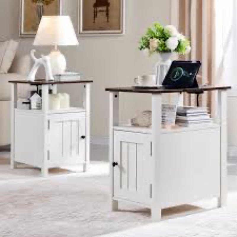 Willkie Farmhouse Nightstand Set , End Table with Charging Station, w/Barn Door & Open Shelves