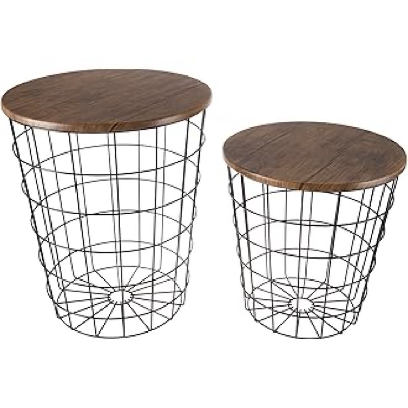 Elevon Nesting Table End Table Wire Basket Base with Wood Tops Side Table Set of 2, brown