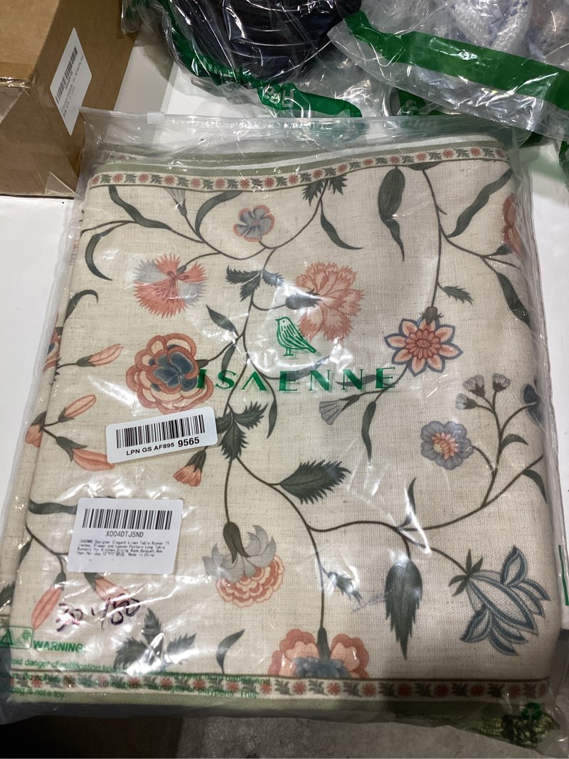 Condition photo showing As Is for isaenne designer vintage linen table runner,71"x12"-daffy a | chinoiserie elegant print tablerunner 71 inches long,floral pattern,dining table,kitchen decor,thanksgiving,banquet daffy 12x71 inches