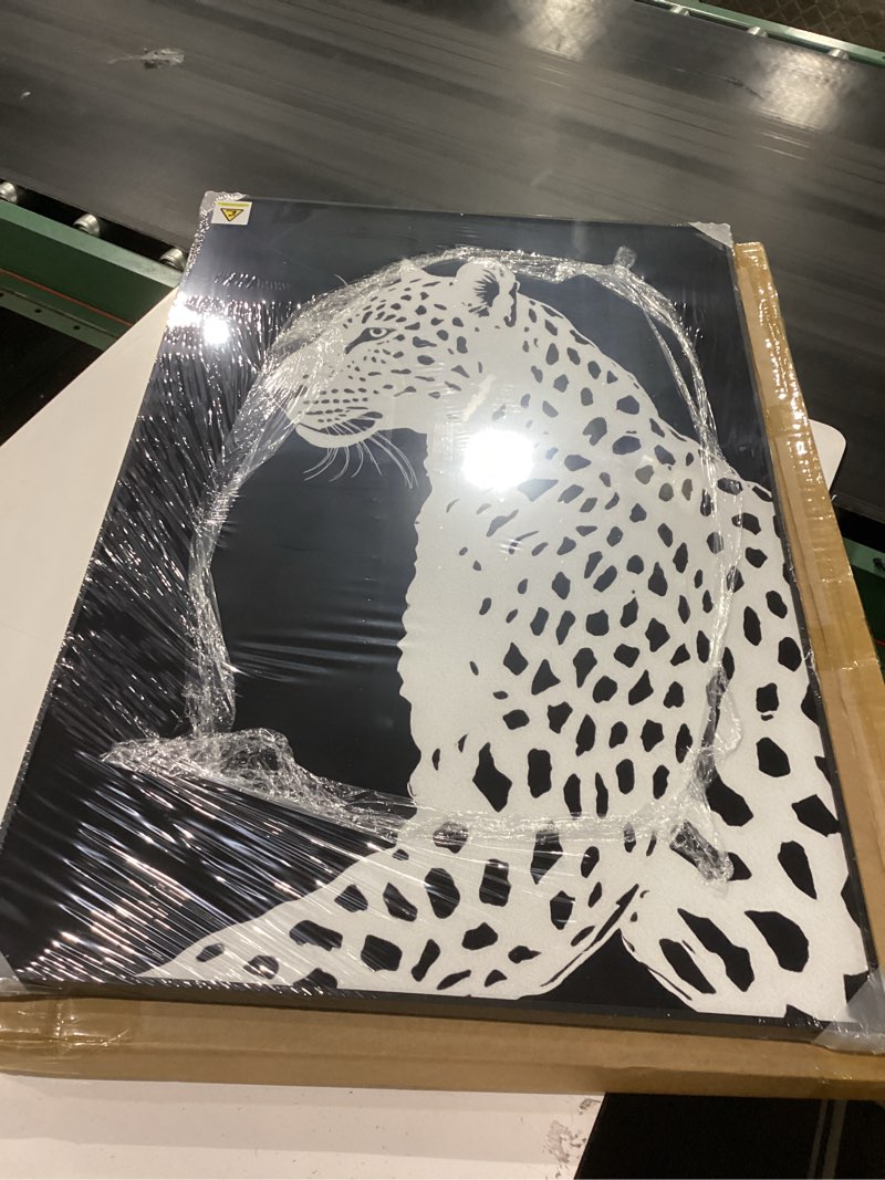 Condition photo showing New/Like New for framed modern animal black and white wall art, large leopard animal prints, contemporary minimalist elegant cheetah pictures for living room bedroom dining room hallway office wall decor 24x36in 36"l x 24"w snow leopard in the dark night