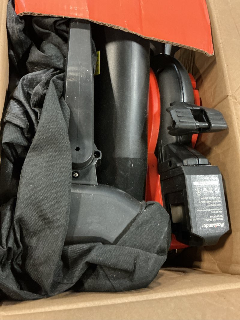 Condition photo showing As Is for maxlander cordless leaf blower & vacuum with bag, 3-in-1 brushless battery powered leaf vacuum mulcher 40v 170mph 360cfm 5 speeds leaf blowers for lawn care 2x4.0ah battery & charger included