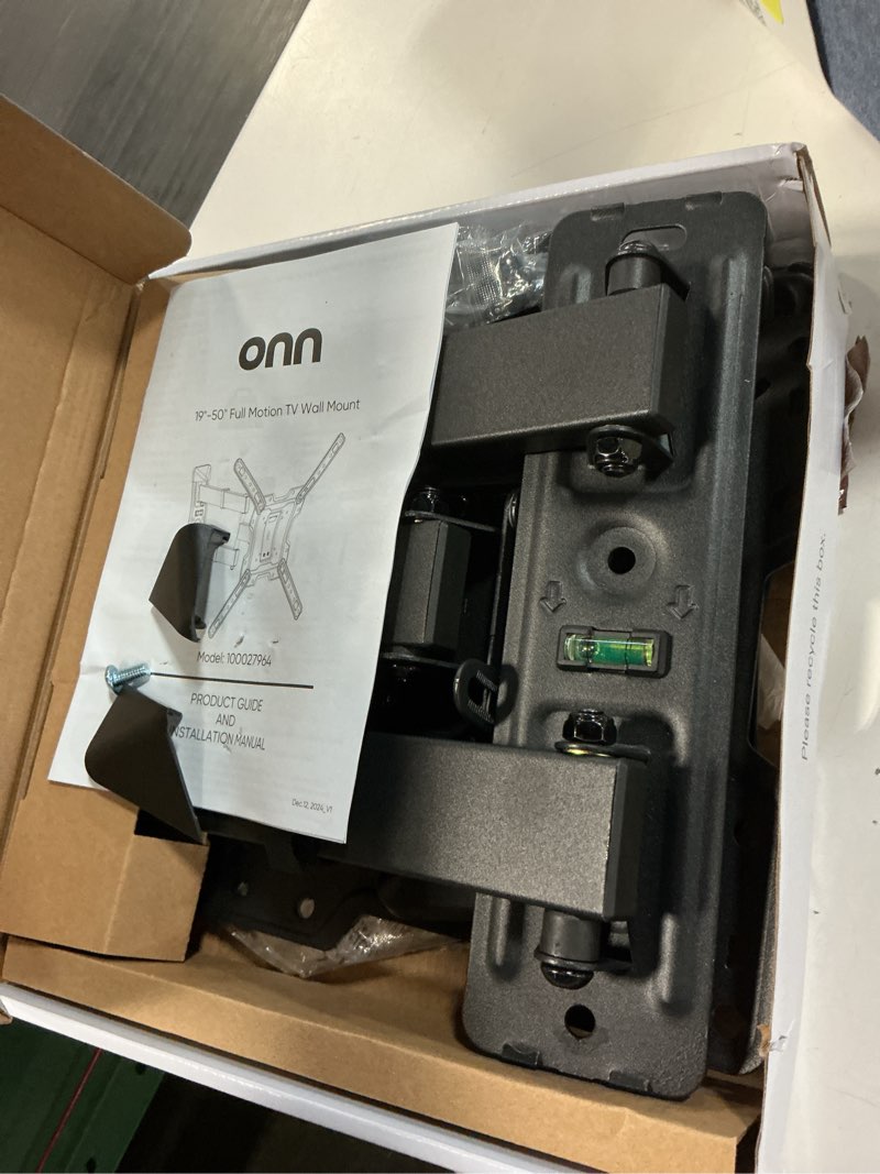 Condition photo showing As Is for onn. full motion tv wall mount for 19" to 50" tvs, up to 15° tilting