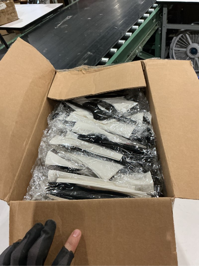 Condition photo showing New/Like New for amercare six piece meal kit with 13 x 17 napkin, salt and pepper, heavy weight fork, knife, and teaspoon, case of 250