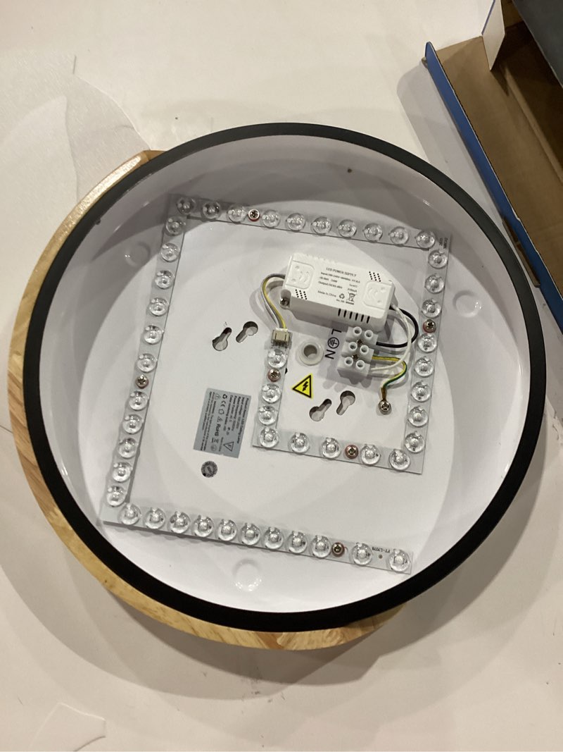 Condition photo showing As Is for *Broken Diffuser* Wood LED Flush Mount Ceiling Light, 3CCT 3000K-6500K Modern Black Close to Ceiling Lighting Fixtures, Minimalist Round Ceiling Light for Bedroom, Kitchen, Hallway, Laundry Room, Not Dimmable