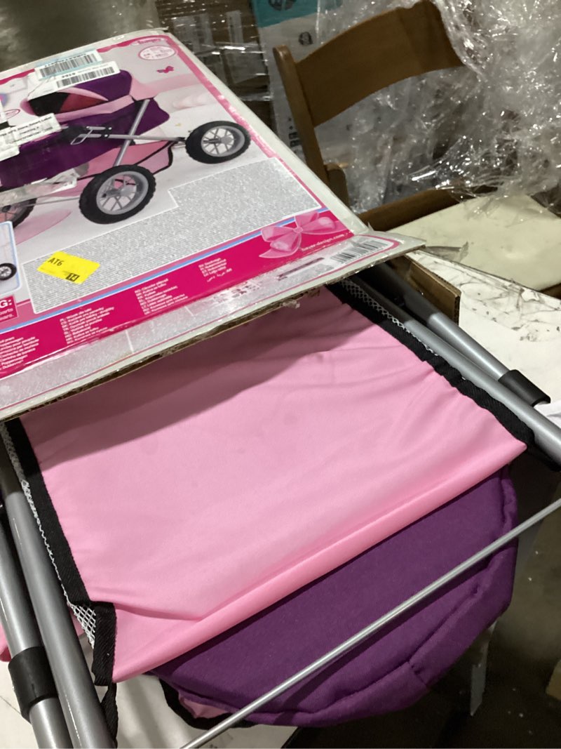 Condition photo showing As Is for bayer trendy baby doll pram stroller, purple & pink, adjustable handle, portable pretend play