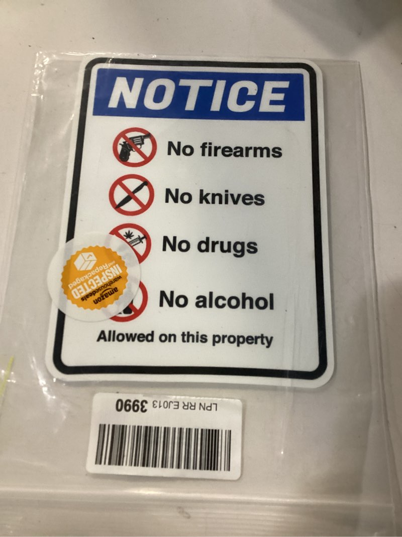 Condition photo showing New/Like New for Portrait Round Plus Notice No Firearms No Knives No Drugs No Alcohol Allowed On This Property Wall or Door Sign | Safety Signage - Large 6 x 8' - Large