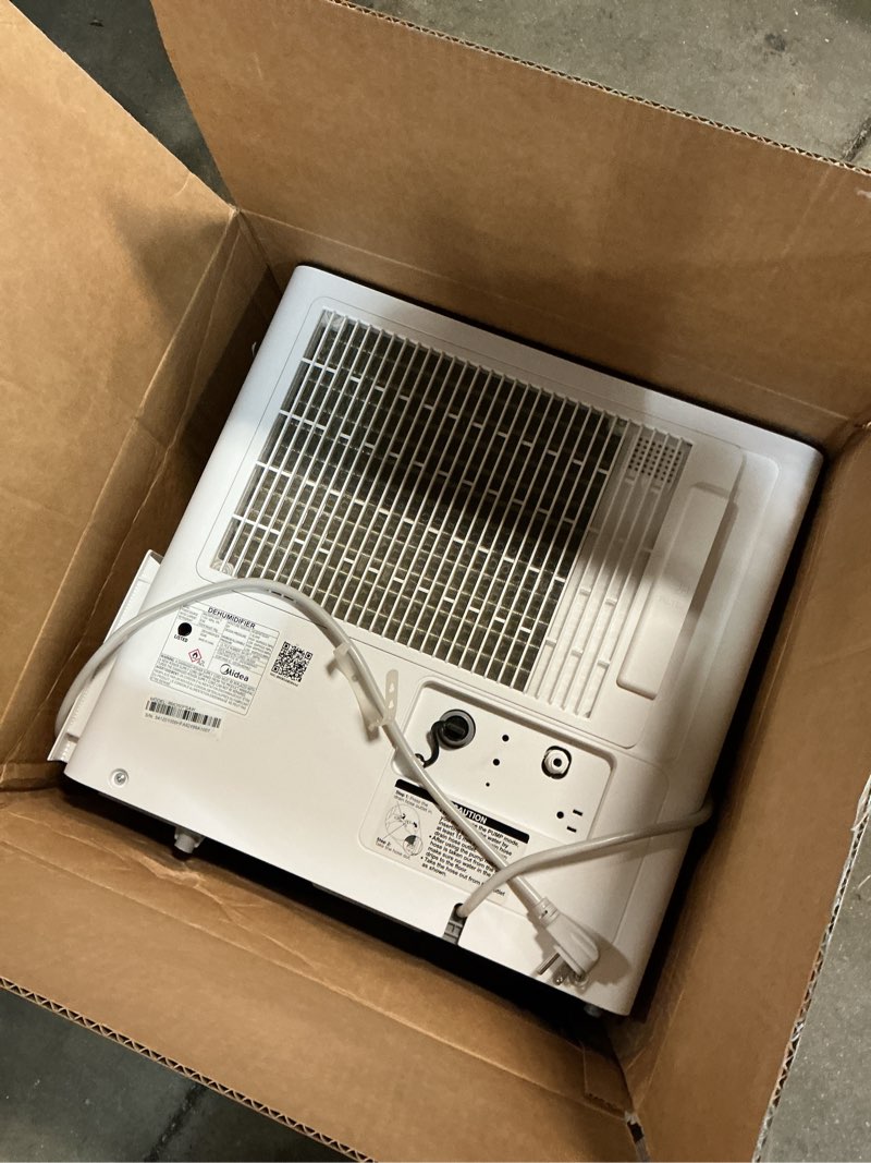 Condition photo showing As Is for midea 4,500 sq. ft. dehumidifier with pump included 50 pint - ideal for basements, large & medium sized rooms, and bathrooms (renewed)