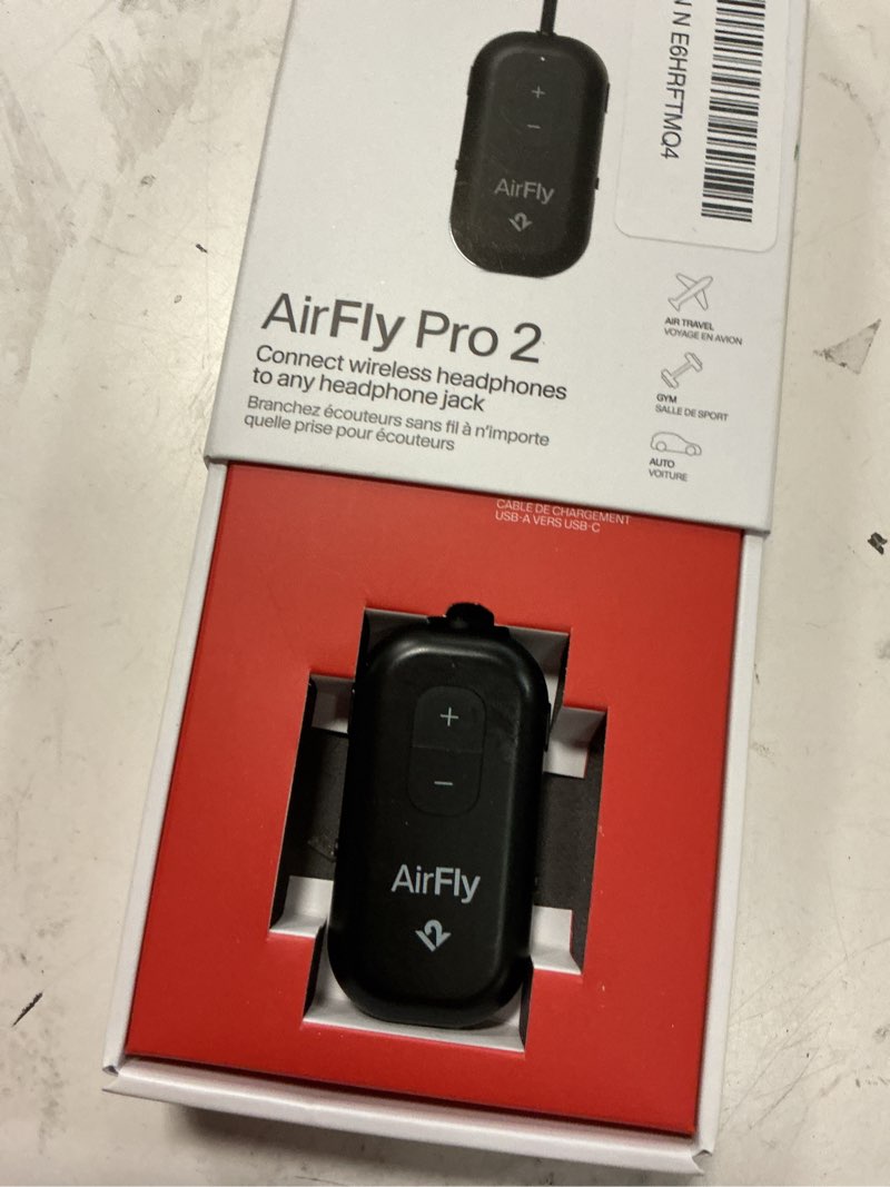 Condition photo showing Good Condition for airfly pro 2 – bluetooth adapter for airplane, pair 2 airpods or wireless headphones – 3.5mm aux bluetooth transmitter and receiver for cars, boats, treadmills, tvs– airplane travel essentials, black airfly pro 2 black