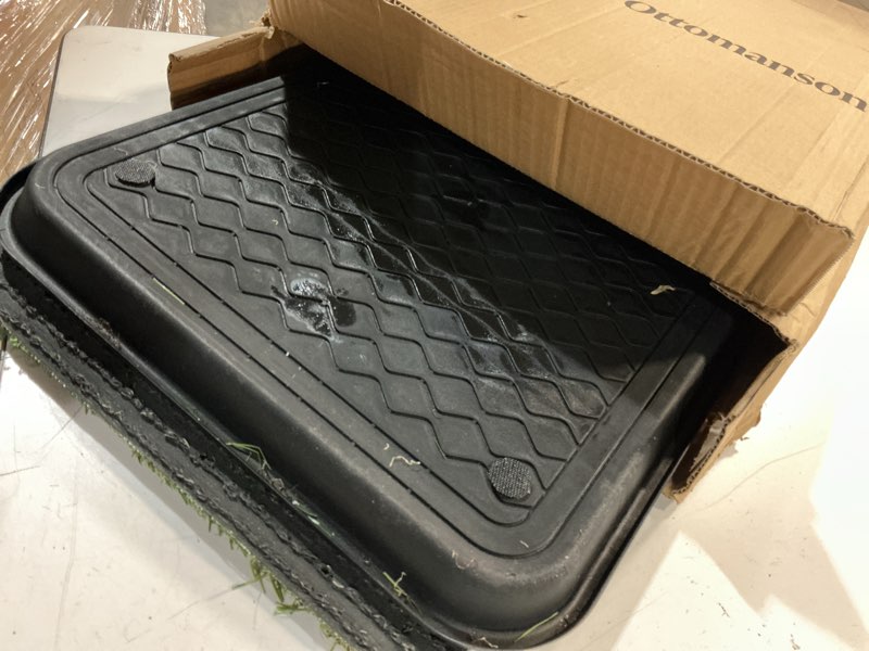 Condition photo showing As Is for ottomanson artificial grass puppy potty training pad with tray, 15" x 30" reusable pee pad for small pets and dogs black tray/grass 1'3" x 2'6" (pet)