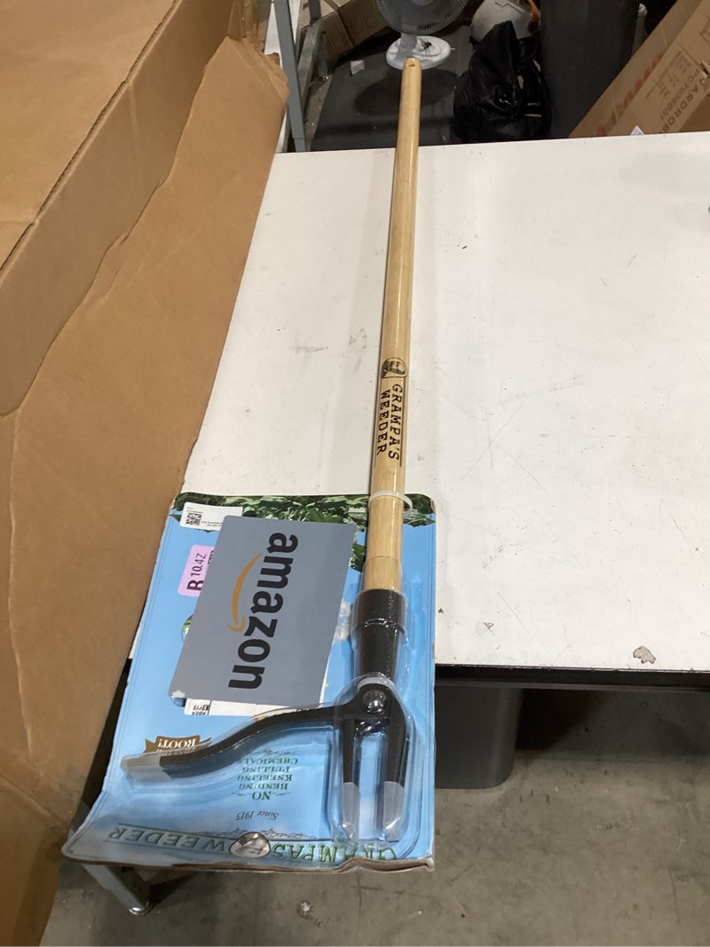 Condition photo showing As Is for grampa's weeder - the original stand up weed puller tool with long handle - made with real bamboo & 4-claw steel head design - easily remove weeds without bending, pulling, or kneeling.