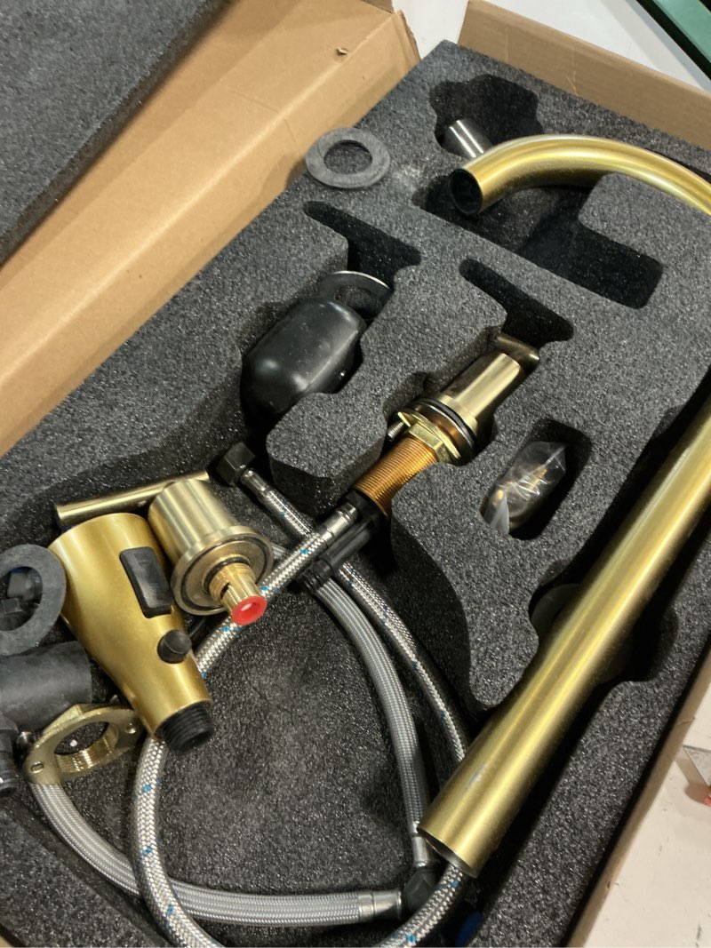 Condition photo showing As Is for lefton waterfall pull-out bathroom faucet 3 hole with temperature display in fahrenheit (battery-free), 8-inch widespread vanity faucet for bathroom sink with 2 handles, brushed gold, bfws2401-6