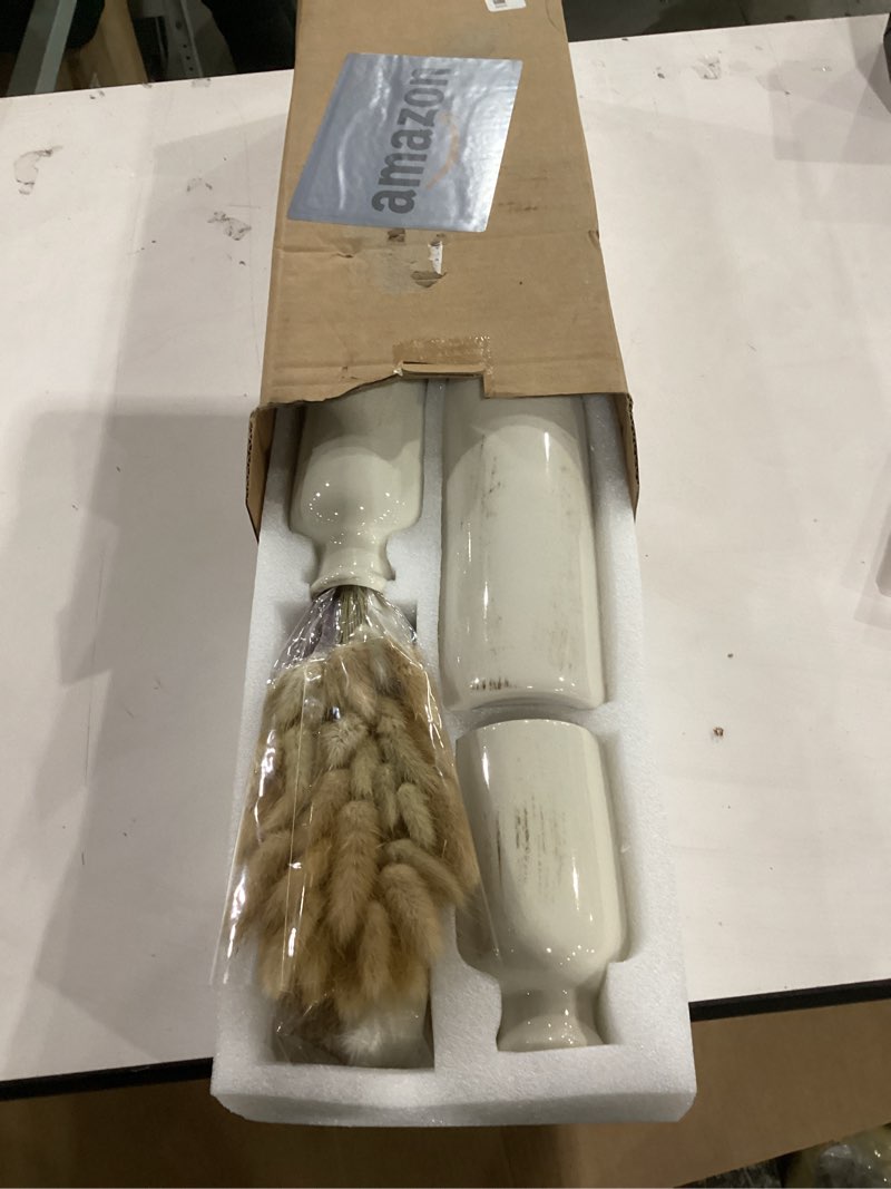 Condition photo showing New/Like New for pampas grass with vase set – 3 beige white ceramic vases with natural dried pampas, bunny tails & more – neutral farmhouse decor for fireplace, home, mantel, entryway, kitchen & boho table centerpiece