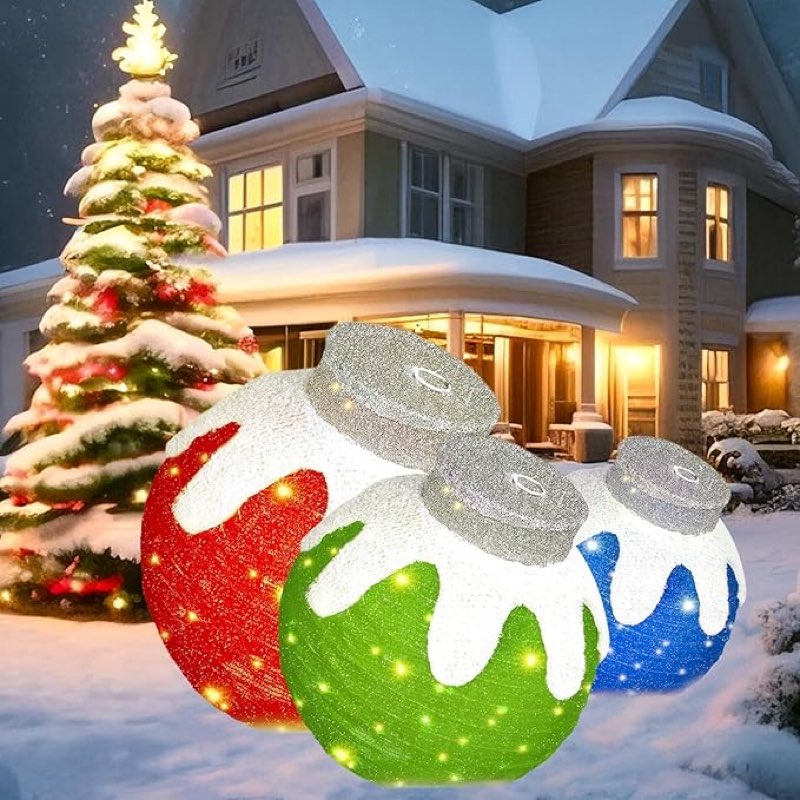 Large Light Up Pop-Up Christmas Ball Decorations Outdoor, 240 LED Lighted Handmade Flocked Giant Hanging Ball for Home Decor, Waterproof Safe Material with Base Stakes, Plug and Play