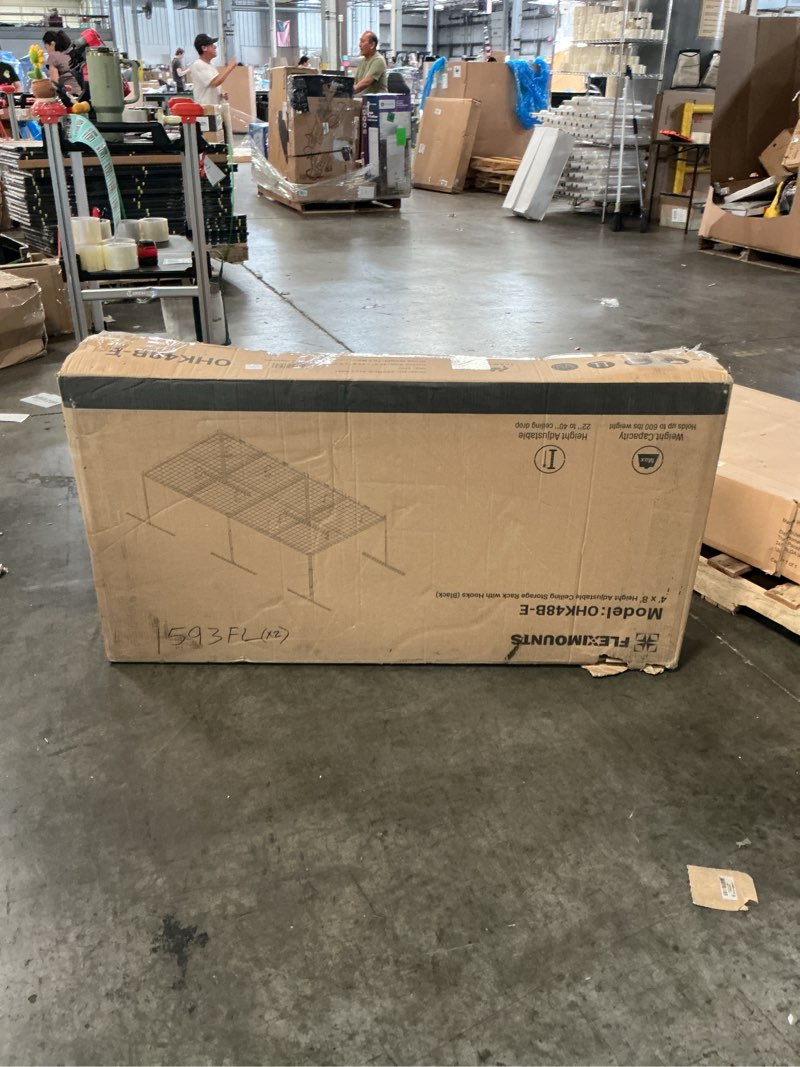 Condition photo showing Good Condition for ohk series 48 in. w x 96 in. d x 22-40 in. h black ceiling mounted overhead garage storage rack with accessory hooks