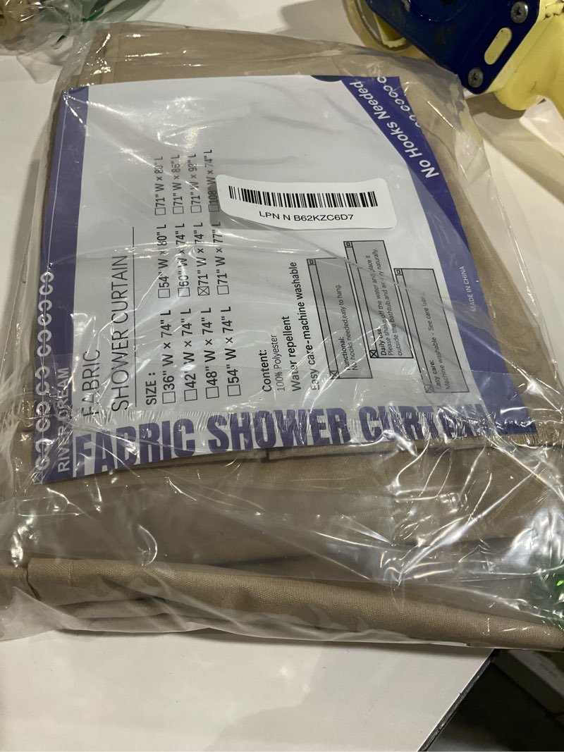 Condition photo showing As Is for fabric shower curtain no hooks & liner needed - soft waterproof hotel cloth shower curtain washable with hooks built-in, beige, 71x74 standard size beige 71"w x 74"l (pack of 1)