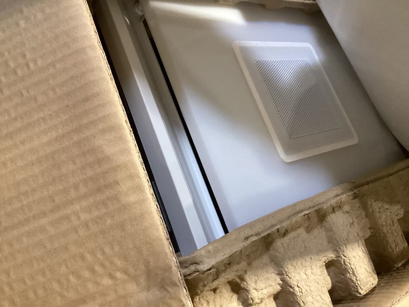 Condition photo showing As Is for homewerks 1.5-sone 110-cfm white decorative lighted bluetooth compatibility bathroom fan