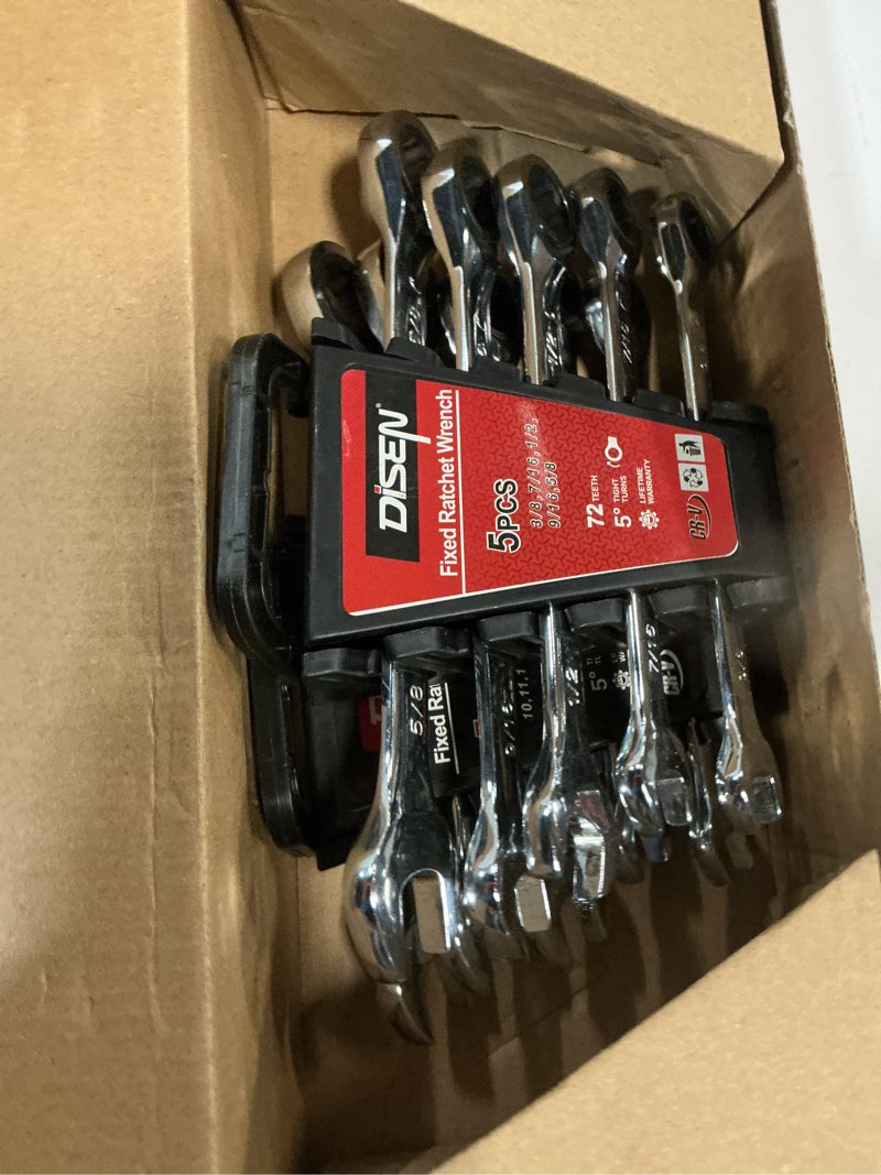 Condition photo showing New/Like New for DISEN 10Pcs Ratcheting Wrench Set SAE & Metric Ratchet Wrench Set with Rack Organizer, Premium CR-v Steel, 12 Point, 72 Teeth,Box End and Open End Ratcheting Wrench Set,Metric 10-15mm&SAE 3/8''-5/8'' Racthet Wrench Set 10pcs metric & sae set