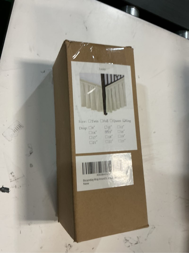 Condition photo showing New/Like New for Biscaynebay Wrap Around Bed Skirts with Split Corners for King Beds 15" Drop, Ivory Adjustable Elastic Dust Ruffles Easy Fit Wrinkle Resistant Silky Luxurious Fabric Machine Washable King-15" Drop Split Corner Ivory