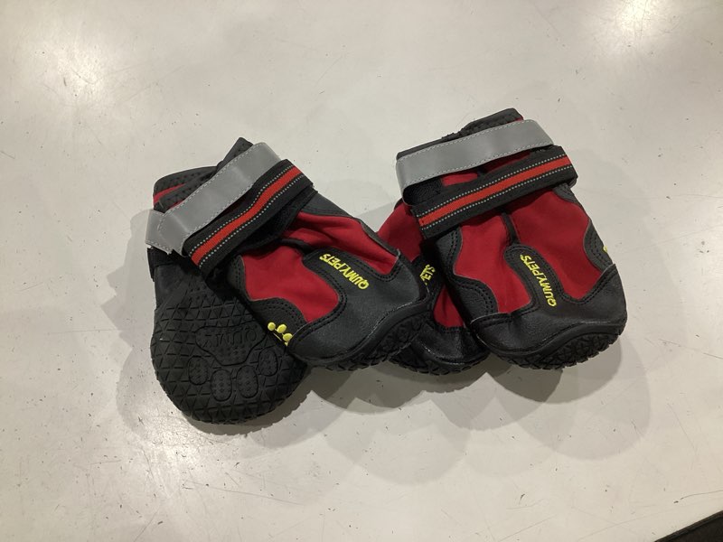 Condition photo showing Good Condition for qumy dog shoes for large dogs, medium dog boots & paw protectors for winter snowy day, summer hot pavement, water-resistant in rainy weather, outdoor walking, indoor hardfloors skid-resistant sole red size 8: 3.0''x3.3"(w*l) (pack of 4)