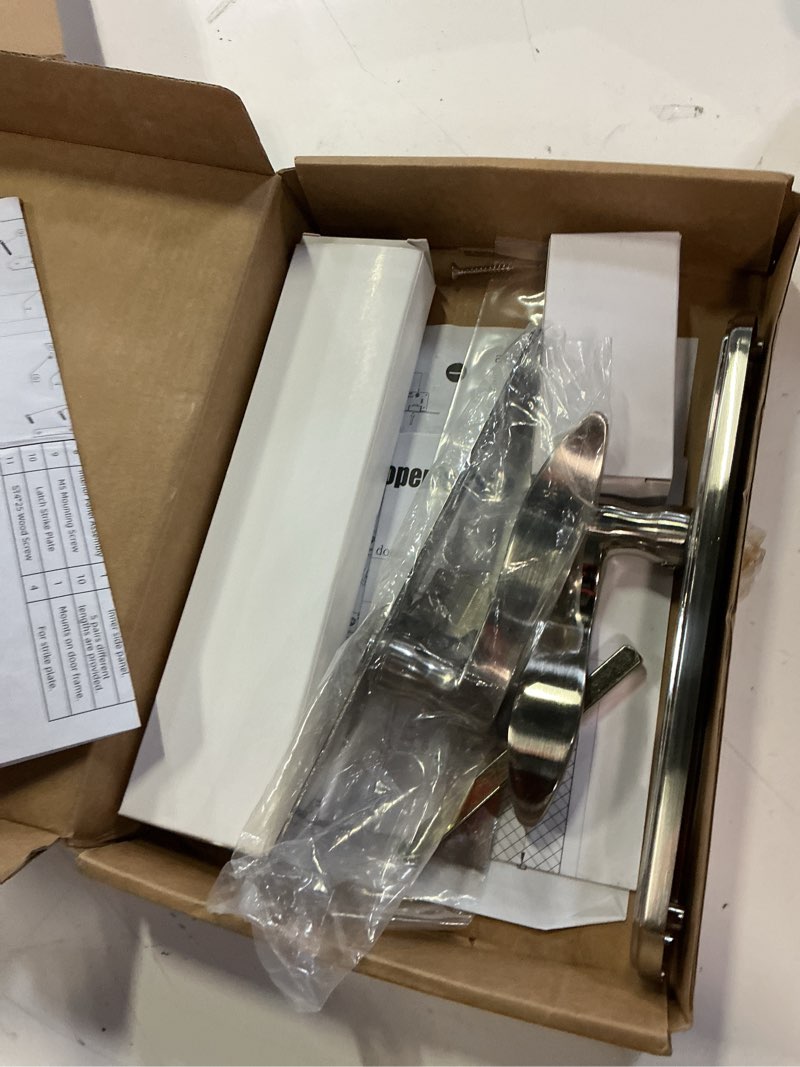 Condition photo showing As Is for storm door handle complete set, fit screen and storm door handle replacement part with lock cylinder and key, 2-1/2" handle pz, polished nickel handle set polished nicke