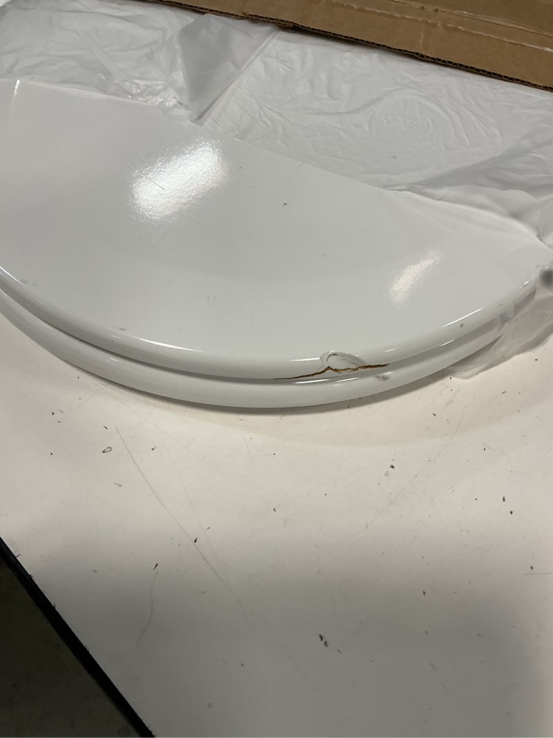 Condition photo showing As Is for Bemis Round Enameled Wood Toilet Seat in Cotton White with Easy•Clean Hinge