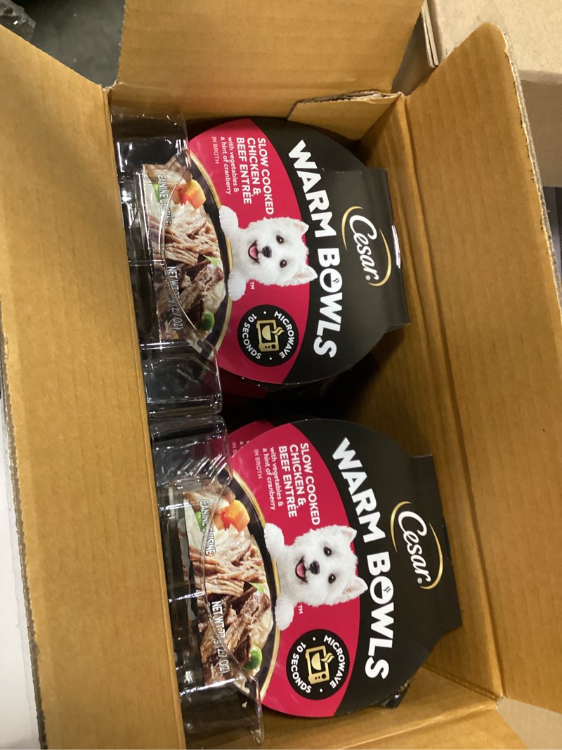 Condition photo showing New/Like New for (BB:09/22/2027) Cesar Warm Bowls Wet Dog Food Chicken & Beef Entrée with Vegetables & a Hint of Cranberry in Broth, Wet Food for Dogs, 2.7 oz Bowls, 10 Count Chicken & Beef 10 Count (Pack of 1)