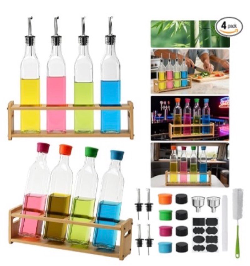 4-Pack 17oz Oil Dispenser for Kitchen with Tray – Wine Bottle Set, Borosilicate Glass Bottles with N