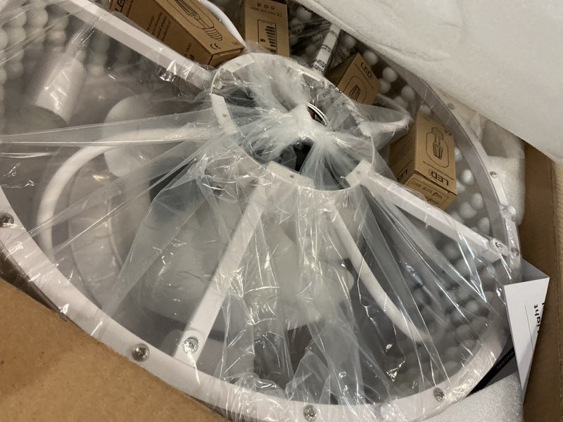 Condition photo showing Good Condition for ceiling fans with lights and remote - bulbs included | tropical caged fandelier with handcrafted beaded décor | flush mount installation fan lighting fixture | 19 inches | off-white off-white 19.2