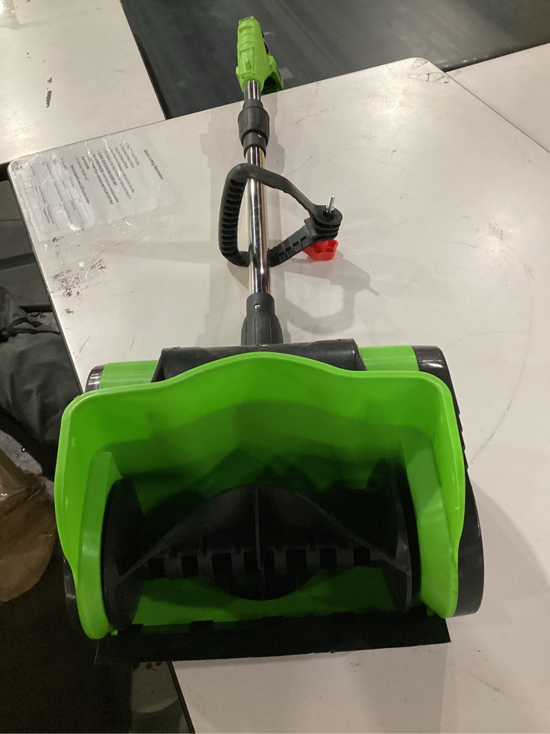 Condition photo showing As Is for not tested, missing the batteries***** degge electric cordless snow shovel, 2x 3.0ah/ 21v/ 12-inch battery snow blower with directional plate & adjustable front handle, snow removal for driveway sidewalk, steps, patio (charger included)