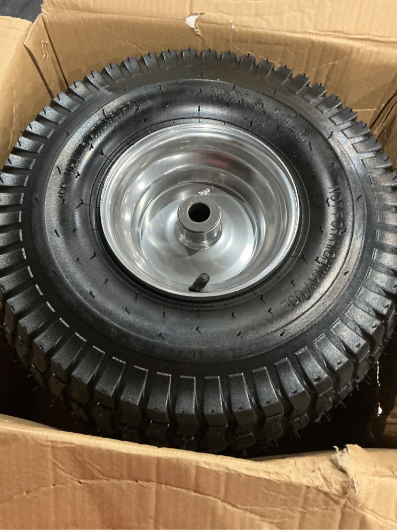 Condition photo showing Good Condition for (2 pack) rrq 15x6.00-6nhs lawn mower tires and wheel assembly, replacement riding lawn mower front tires, compatible with john deere craftsman husqvarna lawn mowers, 3/4" bushings, 3" centered hub