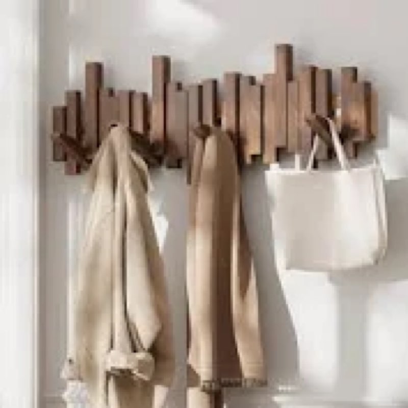 Natural Wood Wall Mounted Piano Coat Rack | Mounted Coat | Flip Up Wall Hook 8 Hooks | Entry Art Hoo
