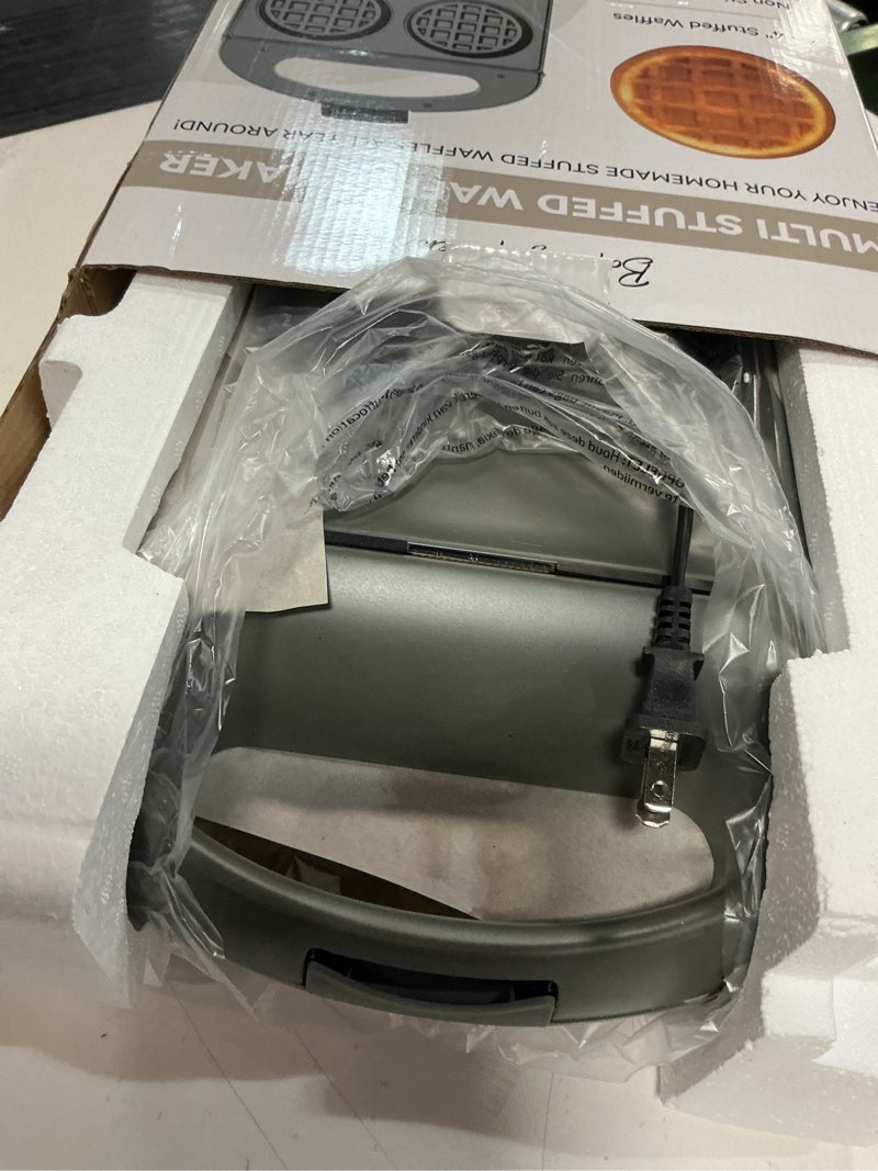 Condition photo showing As Is for baker's friend multi stuffed waffle maker thick, 4-slice with 1.2'' thick & 4'' dia, belgian mini waffle maker flip, nonstick breakfast sandwich maker, stuffed waffle iron, graphite multi stuffed waffle maker (graphite)