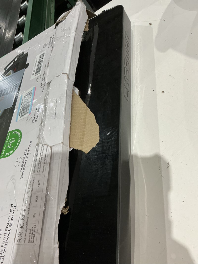 Condition photo showing As Is for chefman electric warming tray with adjustable temperature control, perfect for buffets, restaurants, parties, events, and home dinners, large 21” x 16” glass-top surface keeps food hot – black stainless black large - 21" x 16"