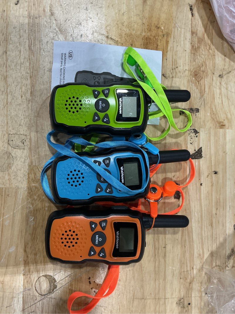 Condition photo showing As Is for wishouse walkie talkies rechargeable for kids adults long range,xmas birthday gift for boys girls 3 4 5 6 7 8 9 10 year old,hiking gear camping games toys with flashlight,vox,easy to use 3 pack green blue orange