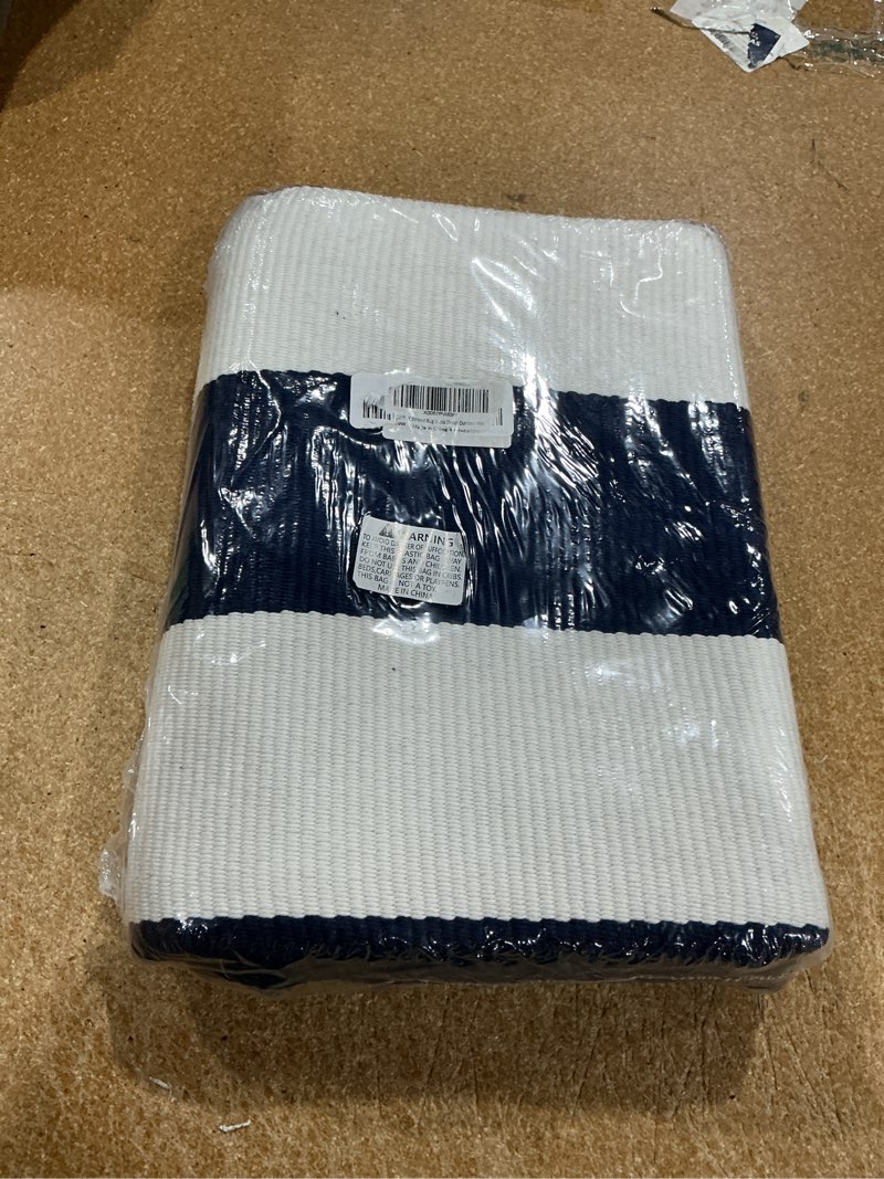 Condition photo showing New/Like New for kozyfly striped rug 3x5 front door rugs blue white cotton woven washable indoor outdoor rug entrance doormat for front porch kitchen patio decor outdoor mat 3' x 5' (rectangular) navy and white
