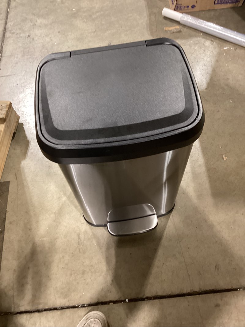 Condition photo showing Good Condition for garvee 13 gal / 50 l stainless steel trash can with lid, large garbage can for kitchen, rustproof step-on kitchen metal trash bin with liner rim, rear handle, soft close plastic lid, silver stainless steel 13.2 gallons