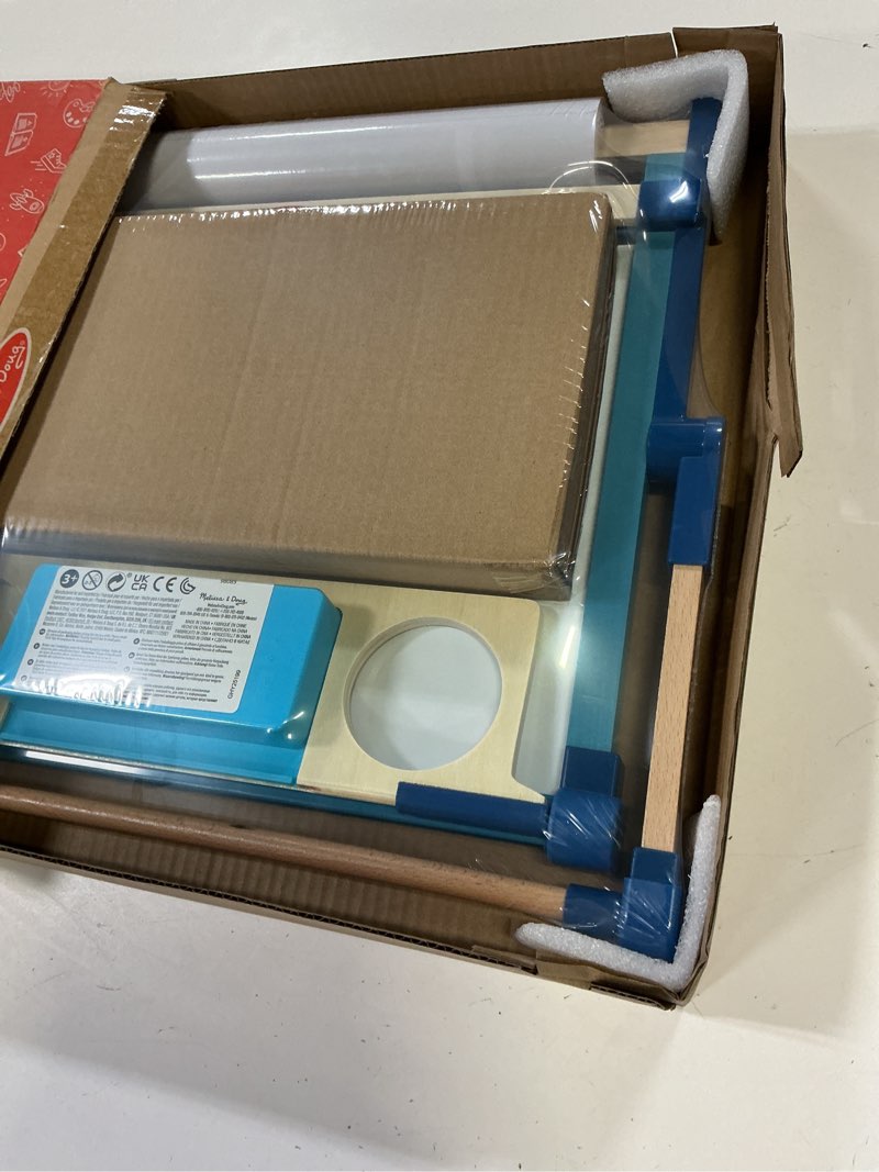 Condition photo showing New/Like New for melissa & doug magnetic tabletop easel, deluxe double-sided wooden art set with chalkboard, dry-erase board, paper roll holder, magnets & art supplies, preschool learning toys for kids ages 3+