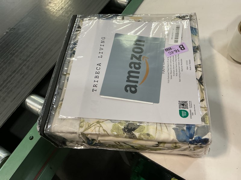 Condition photo showing New/Like New for Tribeca Living Deep Pocket King Size Sheet Set - 300 Thread Count Cotton Sateen Sheets with 22-Inch Extra Deep Pockets, Oeko-Tex Certified, 4 Bedding Set in Amalfi Blue/Multi Print Amalfi Blue/Multi King