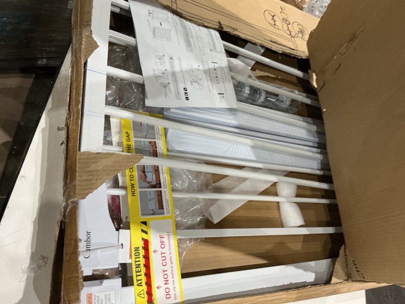 Condition photo showing As Is for cumbor 30-46" baby gate for stairs, auto close dog gate for the house white | easy install pressure mounted pet gates for doorway, dual lock indoor safety gate for baby & dog, mom's choice awards winner
