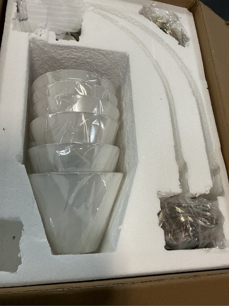 Condition photo showing Good Condition for 6-light brass gold pendant chandelier with white fabric shades,30'' farmhouse & industrial style for kitchen, living room, dining room,entryway, or bedroom lighting,e12 base